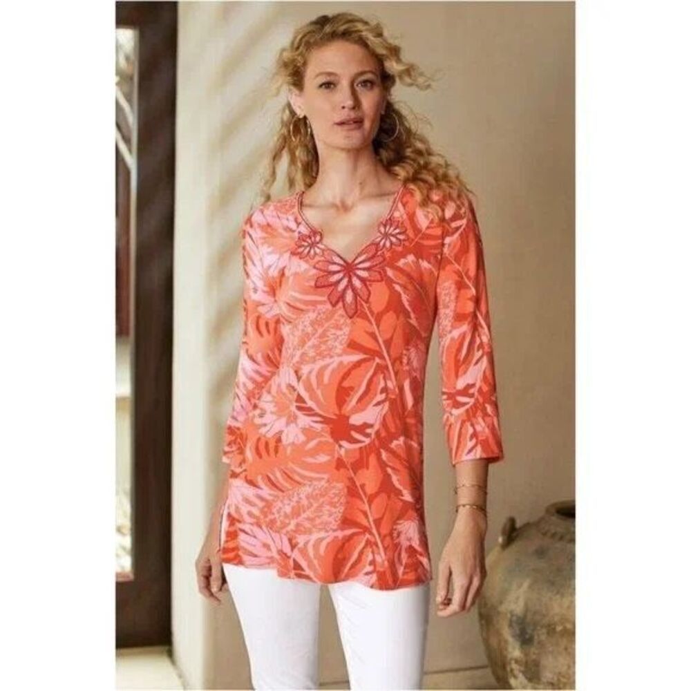 ✨Soft Surroundings Orange Floral 3/4 Sleeve Beaded Del Rio Sz XL Tunic Blouse✨